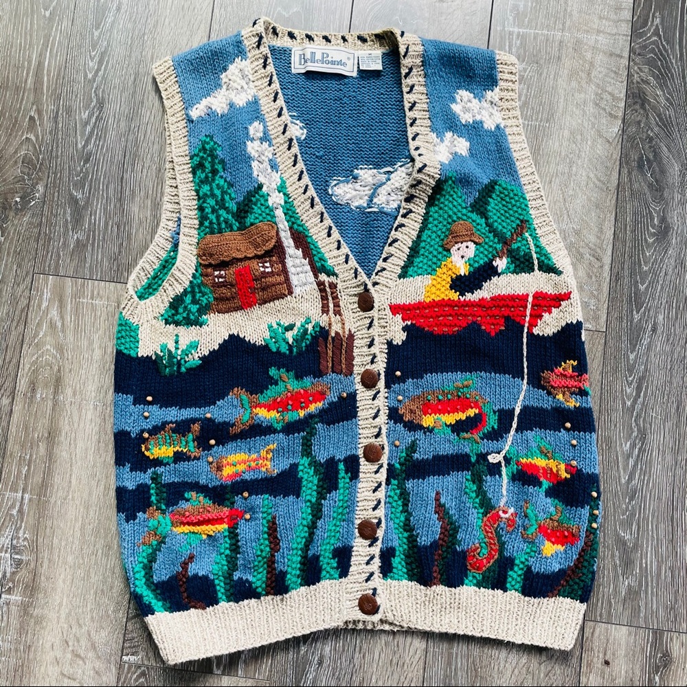 Vintage knit vest fishing camping outdoor grandpa